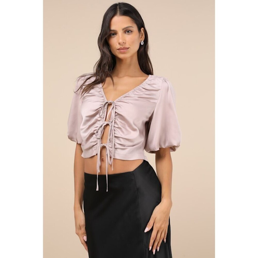Lulus Romantic Snapshot Mauve Satin Puff Sleeve Tie-front Top Pink - Size M